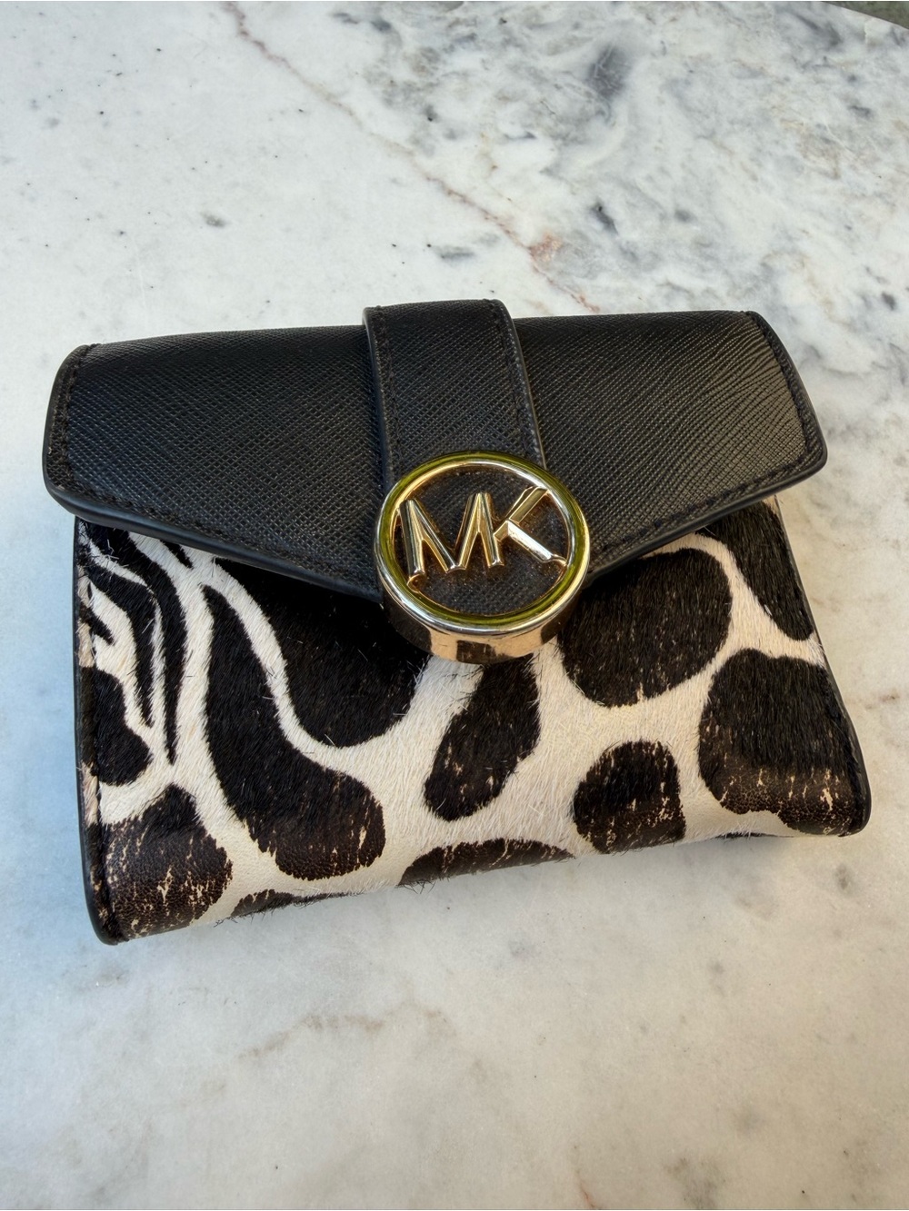 Michael Kors Black & White Leopard Haircalf Wallet with Gold MK Emblem Women’s